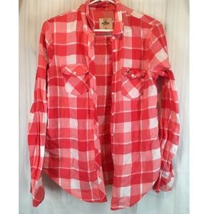 Coral and White Hollister Flannel Size Medium